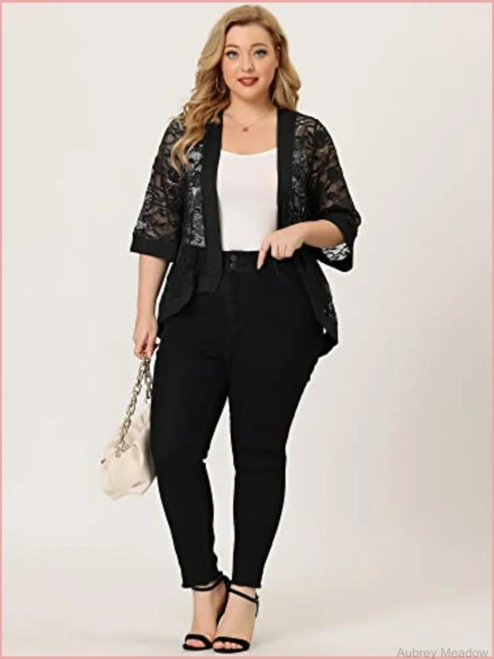 Plus Size 3/4 Sleeve Open Front Lace Shrug Cardigan